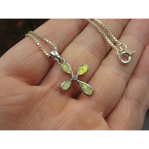 20" Sterling Silver Small Opal Cross Pendant Necklace Vintage Minimalist - Picture 3 of 7